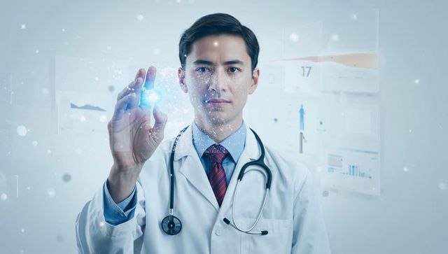 Doctor Interacting with Holographic Medical Interface Pinching Glowing Data Point