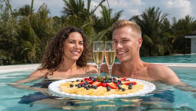 Couple Enjoying Tropical Poolside Toast with Fruit Platter