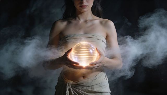 Mystic woman holding glowing energy orb with swirling smoke and draped cloth