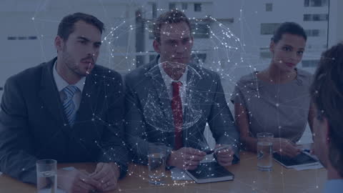 Business Professionals Collaborating with Digital Network Visualization