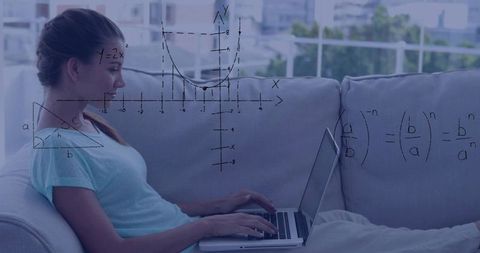 Young woman studying on sofa with laptop and floating math equations for remote learning