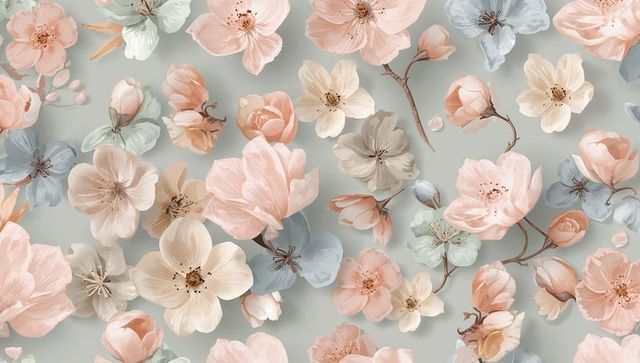 Pastel botanical seamless pattern with peach and mint blossoms for wallpaper and fabric