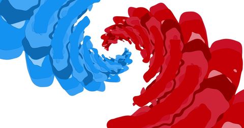 Red and blue rotating stripes twirling in hypnotic pattern on white