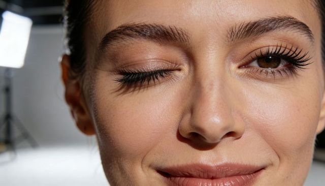 Winking female model showcasing defined makeup, long lashes and smooth skin close-up