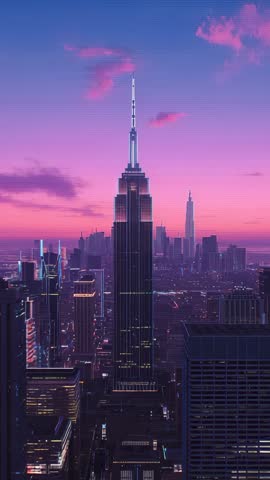 Central Skyscraper Gaining Spire Light and Window Glow during Pink Twilight Vertical Video