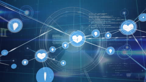 Digital Network Connections with Heart Icons Over Virtual Data