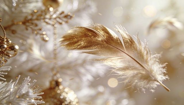 Golden feather floating with glitter on frosted pine and baubles festive bokeh background