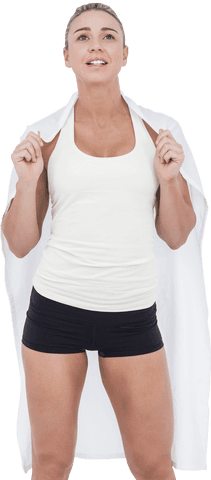 Transparent active woman holding towel after exercise session