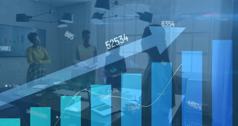 Diverse Coworkers Collaborating with Financial Graphs Overlay