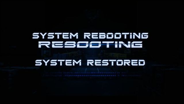 Displaying system rebooting text over dark server room with neon cyan glow