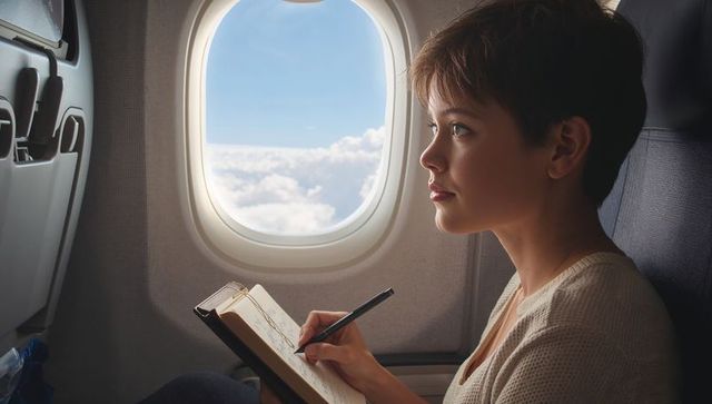 Young woman writing journal on airplane while gazing out window, in-flight journaling