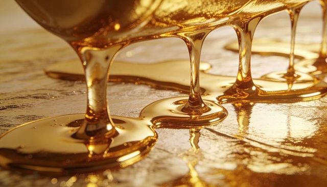 Golden viscous liquid dripping and forming reflective puddles macro close-up