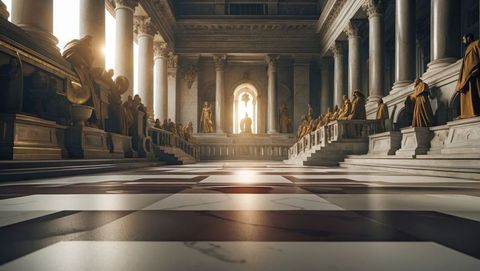 Neoclassical palace hall with sunlit silhouette and statues