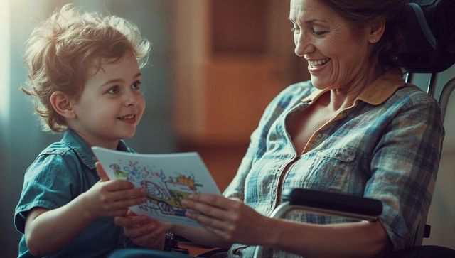 Grandson Presenting Greeting Card to Grandmother in Wheelchair by Window
