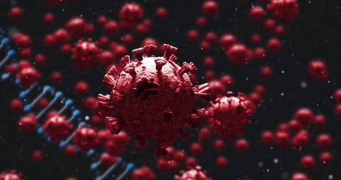 3d rendering of covid-19 virus with dna strand background