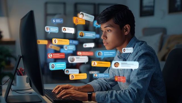 Focused Teen Exploring Online Conversations, Denim Shirt Casual