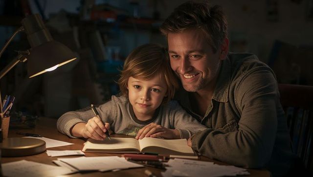 Father Guiding Son Through Homework at Desk Under Warm Lamp, Sharing Learning Moment