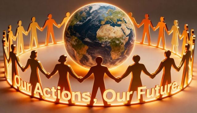 Circling human silhouettes around earth with glowing our actions, our future text