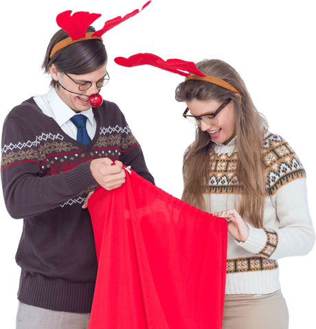 Happy couple celebrating christmas with red reindeer antlers and bag transparent