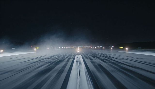 Night runway centerline leading into misty horizon with wet tarmac, lights and skid marks