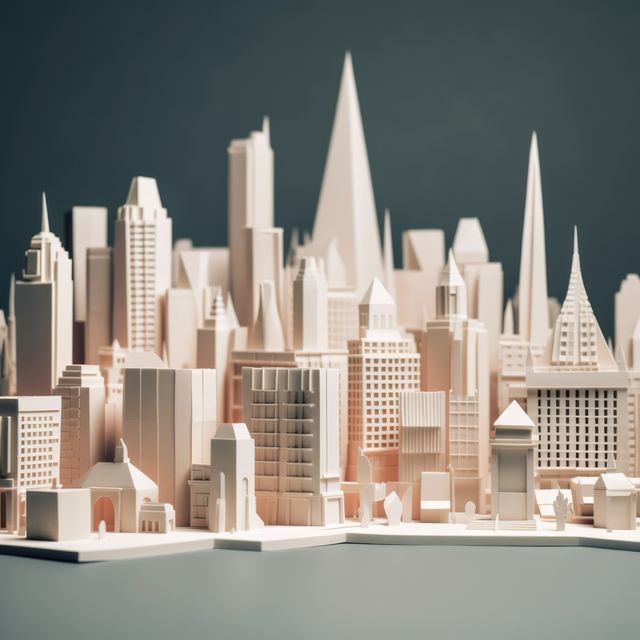 Origami cityscape on dark background, created using generative ai technology. Cityscape, origami art and architecture concept digitally generated image.