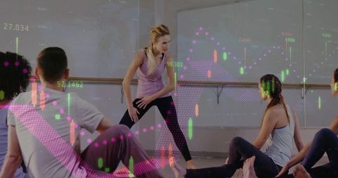 Yoga Class with Digital Financial Chart Overlay Concept
