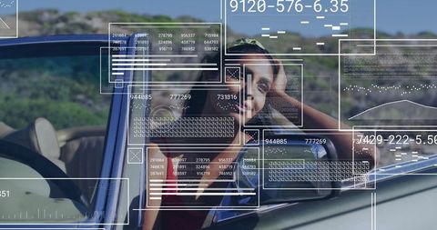 Woman in Red Top Enjoying Drive with Futuristic Data Overlay