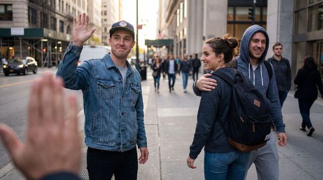 Friends greeting with high-five and hugging on downtown sidewalk, casual urban lifestyle scene