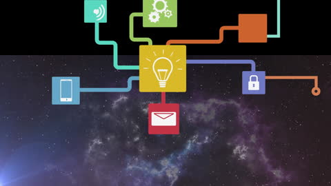 Digital Innovation Concept with Multimedia Icons on Galaxy Background
