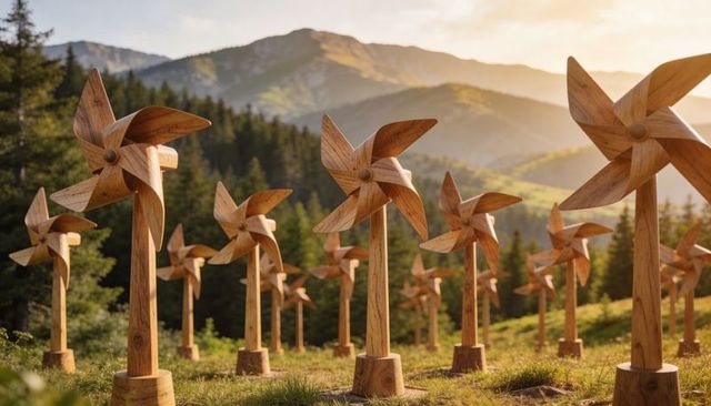 Wooden pinwheel wind sculpture field on alpine meadow at golden hour