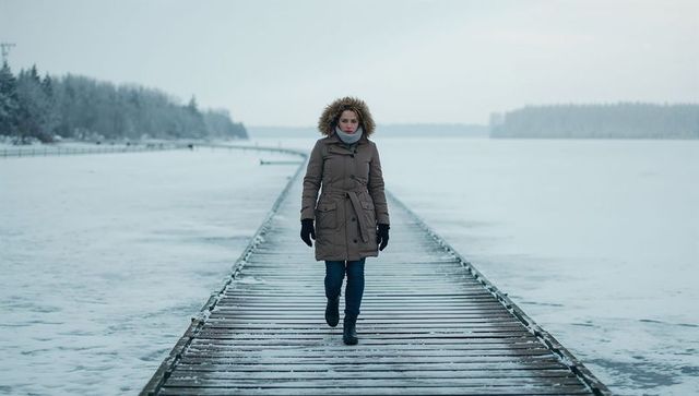 Woman walking on snow-covered pier in fur-hooded parka over frozen lake winter solitude