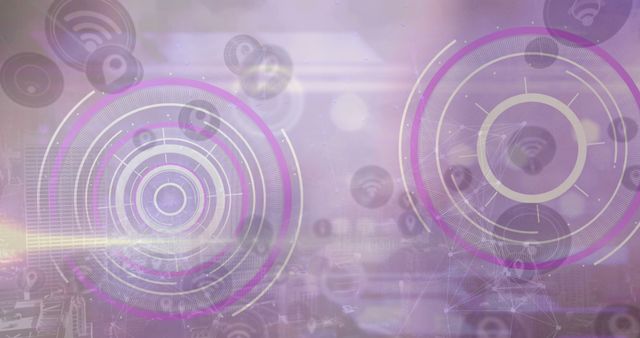 Image of digital circles and profile icons moving against abstract background. Hologram, digitally generated, multiple exposure, internet, gps, futuristic and technology concept.