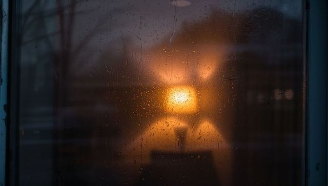 Glowing amber lamp casting warm halo through rain-speckled window at dusk