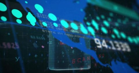 Neon data scanning with 3D padlock grid, cyber threat code and analytics overlay