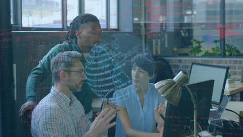 Diverse Team Collaborates with Digital Network Overlay in Office Setting