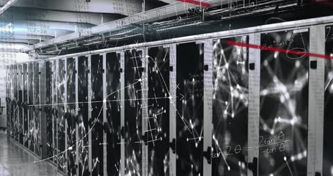 Mathematical Equations Overlaying High-Tech Data Center Servers