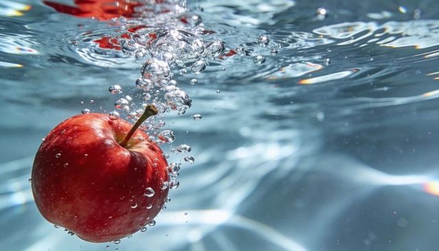 Red apple dropping into water, bubbles rising and ripples creating fresh clean food concept