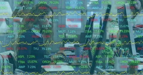 Coworkers Collaborating and Analyzing Market Data in Office Environment