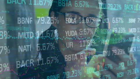 Businesswoman Using Smartphone with Stock Market Data Overlay