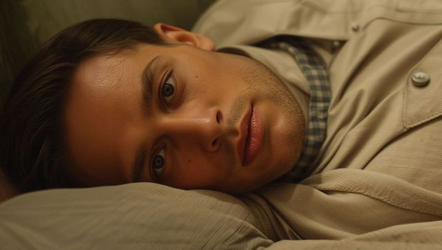 Young man lying on bed staring contemplative closeup warm soft light portrait