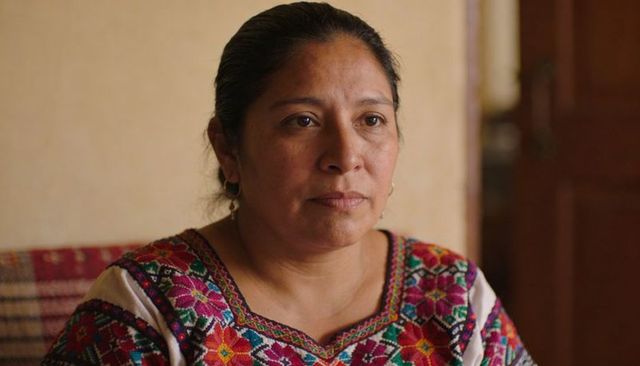 Contemplating hispanic woman wearing colorful embroidered blouse and hoop earrings