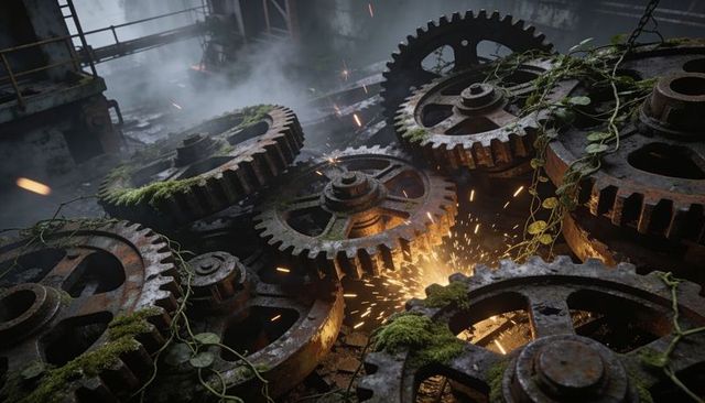 Massive rusted gears interlocking with sparks and vines in abandoned factory interior