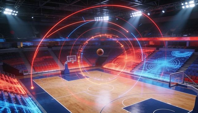 Futuristic basketball hovering in neon arena with holographic rings