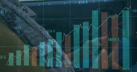 Digital graphs overlaying car interior representing financial analytics