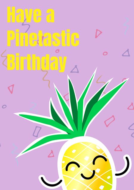 Bright and cheerful pineapple-themed birthday card featuring a happy cartoon pineapple with vibrant colors. Perfect for summer birthdays, tropical-themed parties, or as a fun and quirky greeting for friends and family.