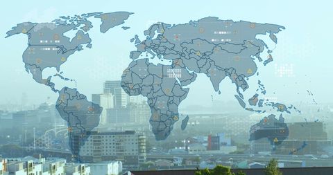 World map overlaying cityscape showing global data and trends