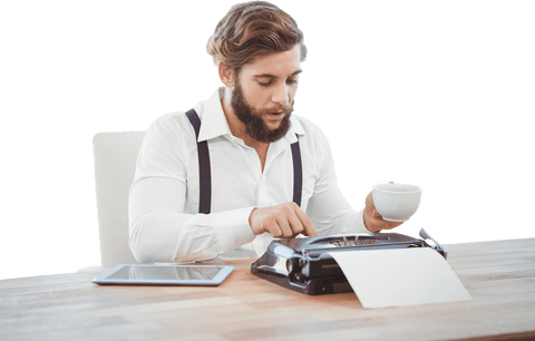 transparent hipster typing and holding coffee mug - Download Free Stock Videos Pikwizard.com