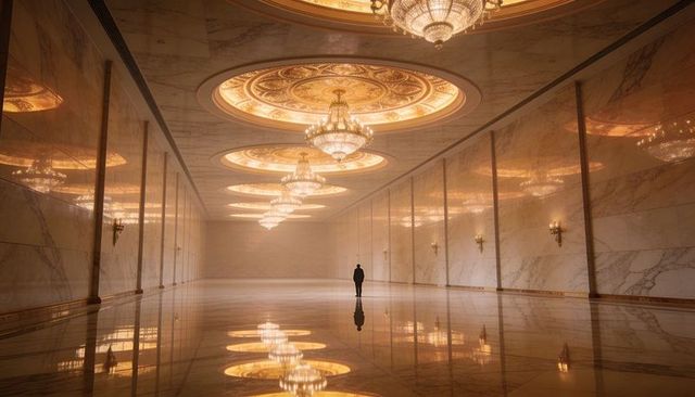Solitary man standing in grand marble ballroom with crystal chandeliers and reflections