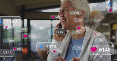 Senior Woman Using Smartphone with Social Media Icons and Notifications