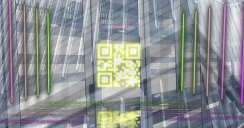 Neon qr code art overlapping cityscape